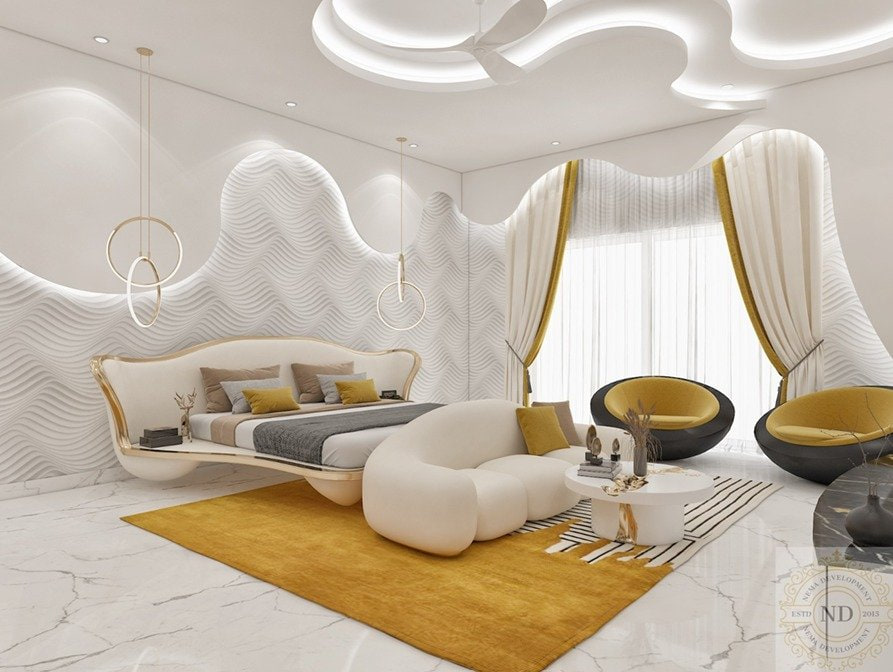 Amaryllis 2810, The Amaryllis, New Delhi — A bedroom under a parametric ceiling: concentric plaster ribs turning around the light coves. Everything below stays white, except one mustard floor plane.