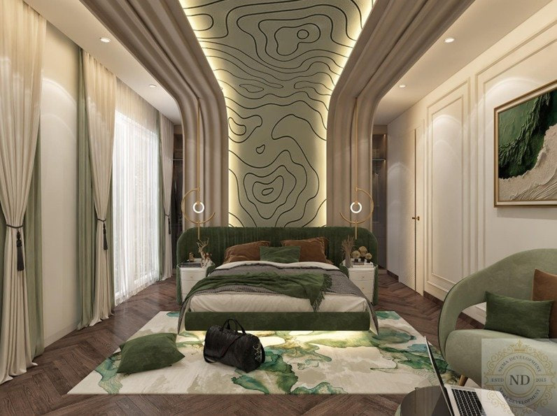 BPTP Visionnaire 90, BPTP Visionnaire, Gurugram — Contour lines, used literally. The ceiling and headboard are cut as a topographic map in olive and brass — the drawing convention brought into the room.