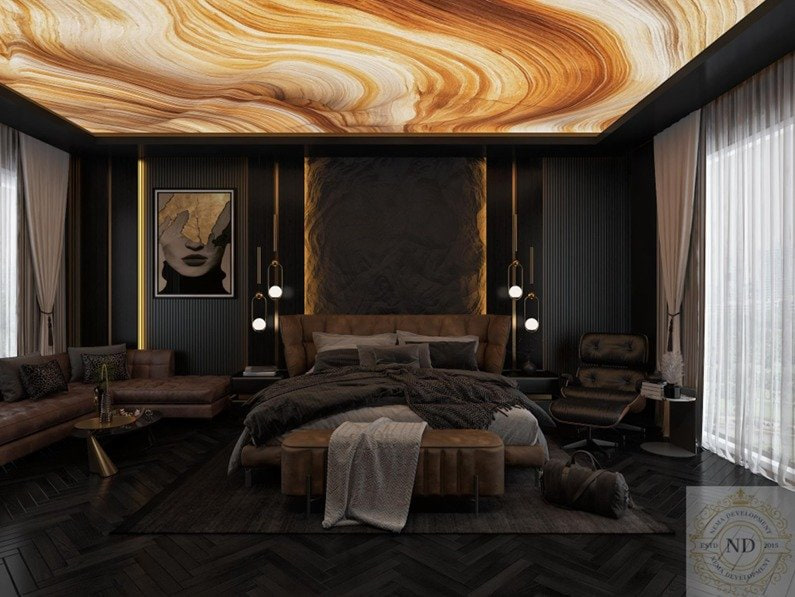 Marbella Belinda 26, Emaar Marbella Villas, Gurugram — A dark bedroom lit from a single backlit onyx ceiling panel. Black fluted panelling absorbs the rest, so the stone is the only bright surface.