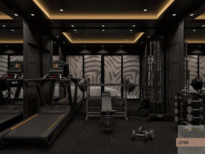 Marbella Belinda 39, Emaar Marbella Villas, Gurugram — A home gym treated as a dark room rather than a spare one: black rubber floor, mirrored end wall, one moiré-patterned graphic panel behind the rack.