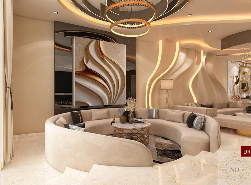 Marbella Belinda 71, Emaar Marbella Villas, Gurugram — A curved sectional set against a sculpted relief wall, both drawn on the same radius. The plan curve and the wall curve are the same line.