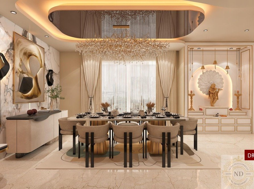 Marbella Belinda 75, Emaar Marbella Villas, Gurugram — A formal dining room held by one oval cove in the ceiling, which sets the table length and the curtain line beneath it.