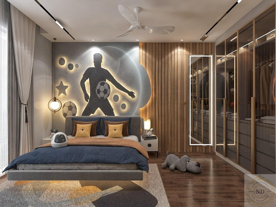 Paras Quartier 1801, Paras Quartier, Gurugram — A child’s room built around a single silhouette mural. Storage, bed and wardrobe are one carpentry run, so the floor stays clear.