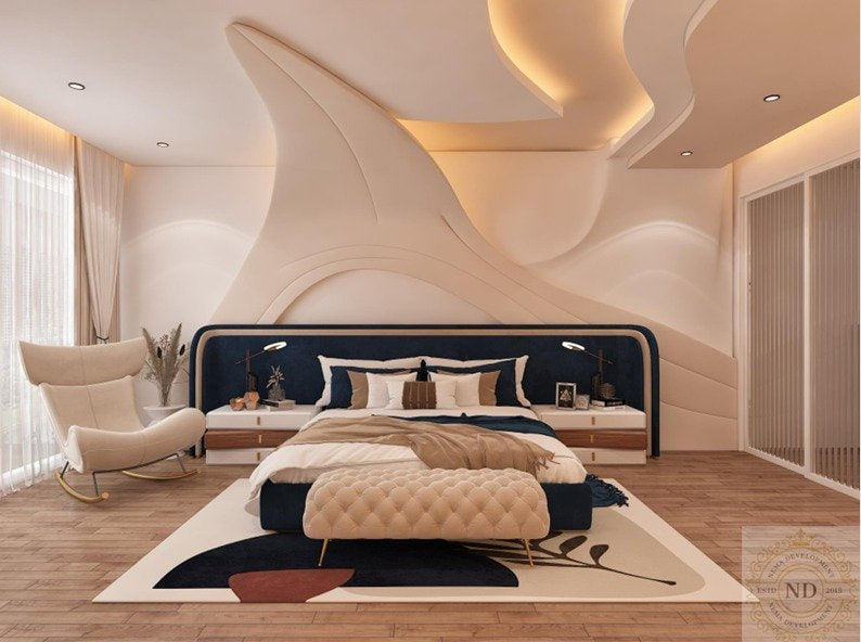 Trump 31D, Trump Towers, Gurugram — The headboard wall is the whole room: a sculpted parametric relief in plaster-white, lit from within its own folds, set against navy and warm oak.